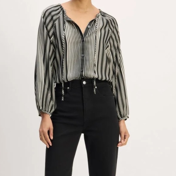Everlane striped blouse shirt cream bone black button front tie tencel small - Picture 10 of 10